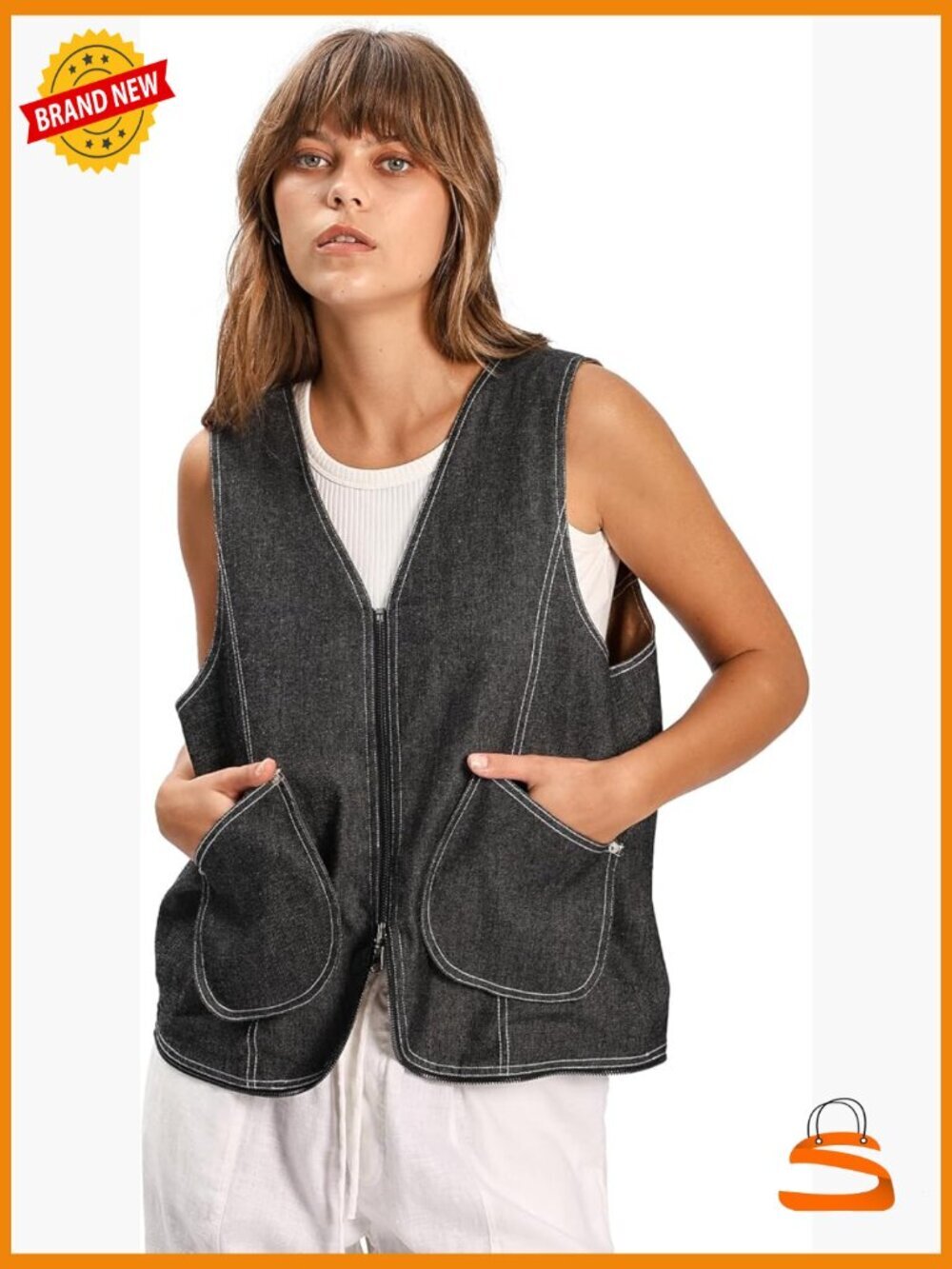 Reversible Linen Denim Zip-up Sleeveless Waistcoat 2-in-1 Hobo Bag